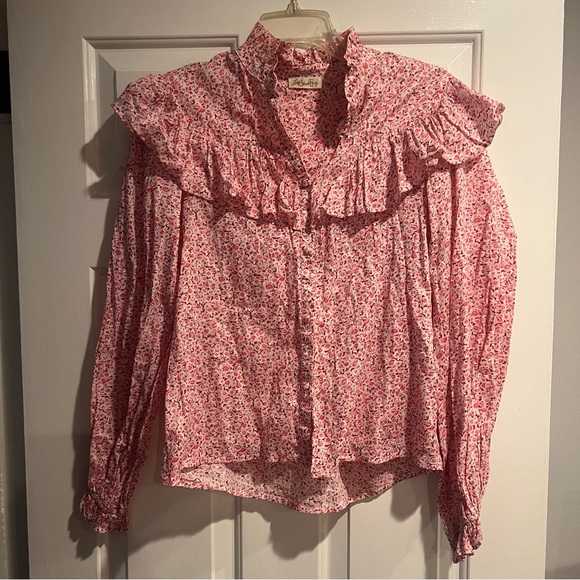 LoveShackFancy Pink Floral Erica Top Ruffle Button Down Shirt - Picture 2 of 8